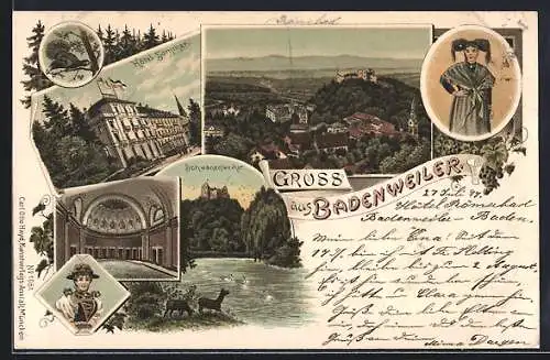 Lithographie Badenweiler, Marmorbad, Hotel Sommer, Schwanenweiher