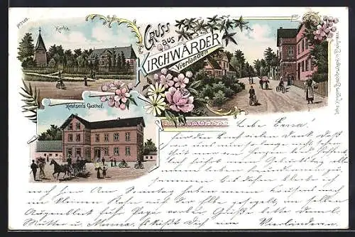 Lithographie Kirchwärder-Vierlanden, Ketelsen`s Gasthof, Kirche und Strassenpartie