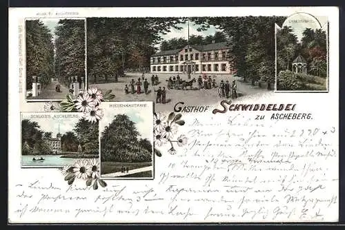 Lithographie Ascheberg / Holst., Gasthof Schwiddeldei, Schloss Ascheberg, Riesenkastanie