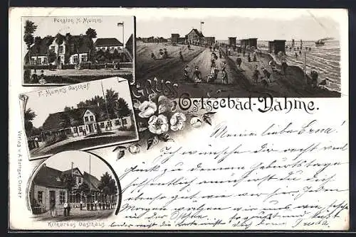 Lithographie Dahme / Ostseebad, Pension H. Mumm, Gasthof F. Mumm und Kitzeraus Gasthaus