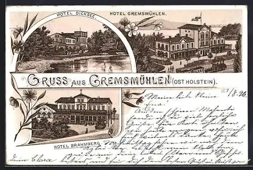 Lithographie Gremsmühlen /Ost Holstein, Hotel Gremsmühlen, Hotel Dicksee und Hotel Brahmberg