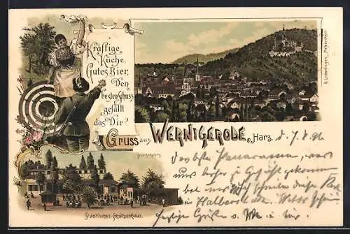 Lithographie Wernigerode /Harz, Gasthof Städtisches Schützenhaus und Totalansicht