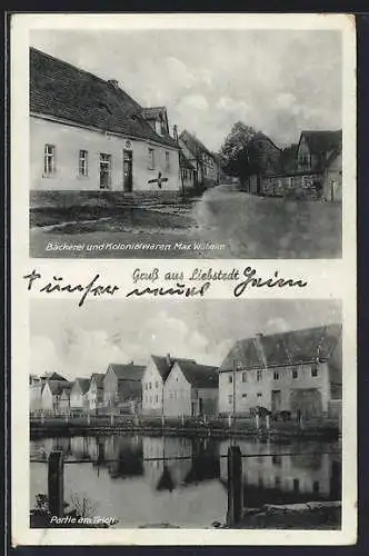 AK Liebstedt, Bäckerei & Kolonialwaren Max Wilhelm, Partie am Teich