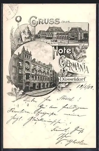 Lithographie Düsseldorf, Blick auf Hotel Germania und Bahnhof
