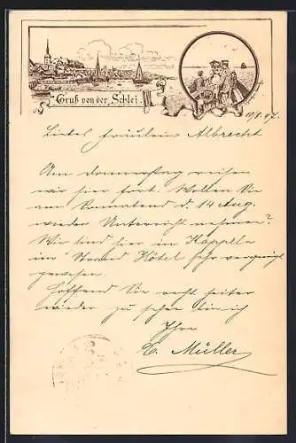 Lithographie Kappeln /Schlei, Schleipartie mit Booten