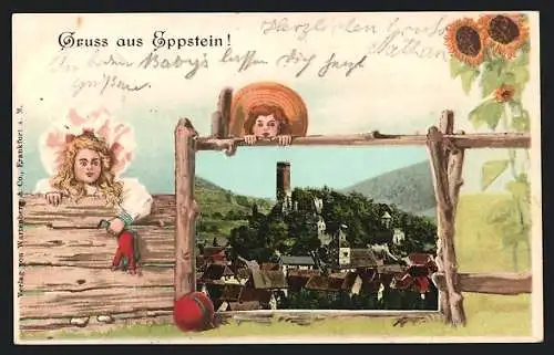 Präge-AK Eppstein / Taunus, Ortsansicht im Holzrahmen-Passepartout mit Sonnenblumen und Kindern