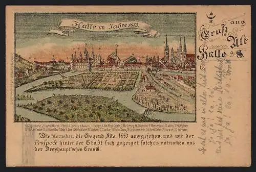 Lithographie Halle a. S., Teilansicht im Jahre 1653