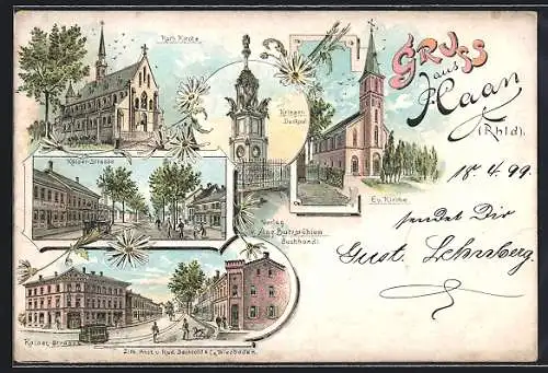 Lithographie Haan /Rhld., Kaiser-Strasse, Ev. Kirche, Krieger-Denkmal