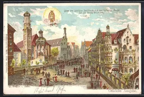 Lithographie Augsburg, Festpostkarte zum 700jährigen Jubiläum bei heiligen Kreuz