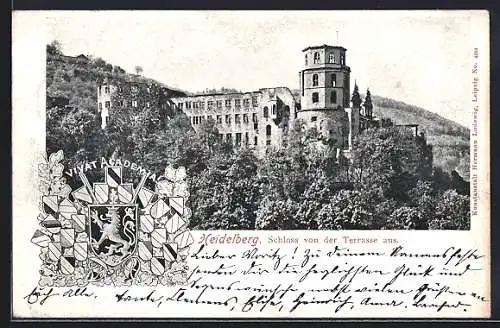 AK Heidelberg, Schloss von der Terrasse aus gesehen und Studentenwappen