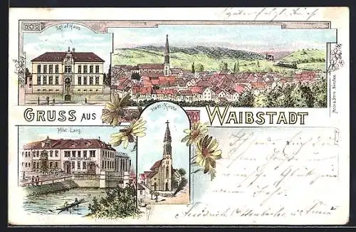 Lithographie Waibstadt, Hotel Lang, Schulhaus, Stadt-Kirche