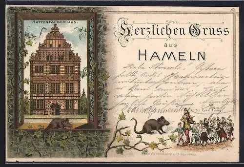 Lithographie Hameln, Rattenfängerhaus, Der Kinderauszug, Ratten und Efeu