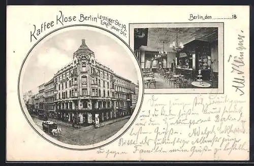 AK Berlin, Kaffee Klose, Leipziger Strasse 19 Ecke Mauer Strasse, Pferdebahn