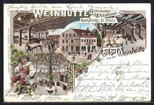 Lithographie Hamburg-St. Pauli, Gastwirtschaft Weinhütte, Parterre, 1te Etage und Weinkeller
