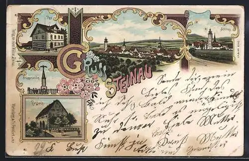 Lithographie Steinau / Strasse, Schloss, Kriegerdenkmal, Rathaus und Post