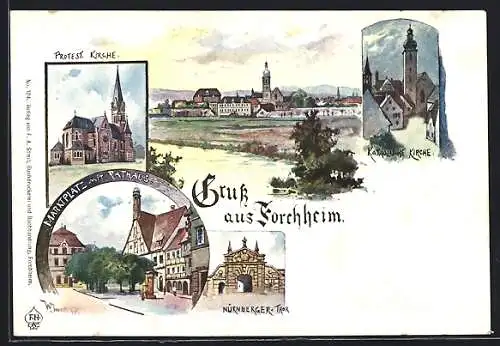 Künstler-AK Forchheim / Bayern, Marktplatz mit Rathaus, Nürnberger Tor, Protest. Kirche, Katholische Kirche