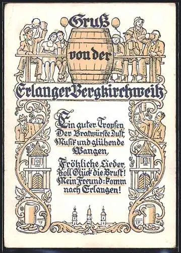 Künstler-AK Erlangen, Bergkirchweih, Gäste beim Bier, Bierfass, Bierkrüge, Ornamente, Gedicht