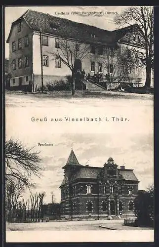 AK Vieselbach i. Thür., Gasthaus zum Burghof, Bes, H. Dittrich, Sparkasse