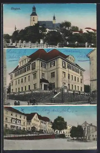 AK Regen, Gasthof zur Post, Bezirksamt und Kirche