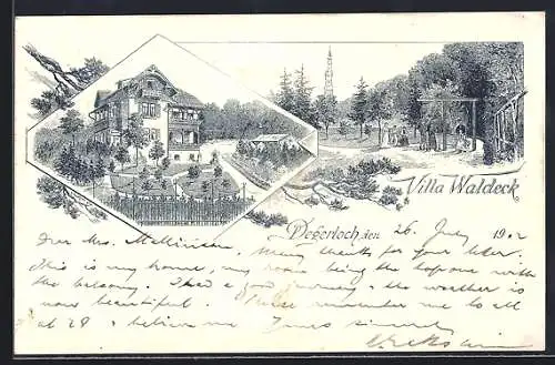 Lithographie Degerloch, Villa Waldeck mit Besuchern