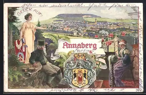Künstler-AK Annaberg / Erzg., Generalansicht, Frau mit dem Wappen