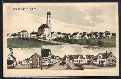 AK Gennach, Kirche, Schule & Pfarrhaus, Strassenpartie, Handlung v. Marie Fischer