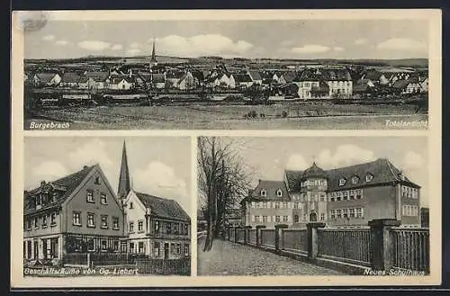 AK Burgebrach, Geschäft von Gg. Liebert, Neues Schulhaus und Totalansicht