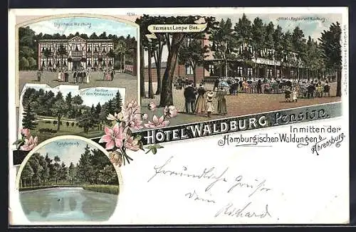 Lithographie Ahrensburg / Holstein, Hotel Waldburg, Logirhaus, Karpfenteich, Gartenrestaurant