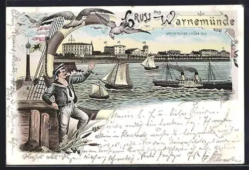 Lithographie Warnemünde, Stadt von der See aus, Dampfschiff, Matrose