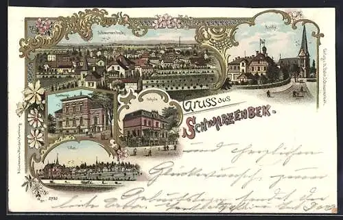 Lithographie Schwarzenbek, Schule, Villen, Sparkasse und Kirche