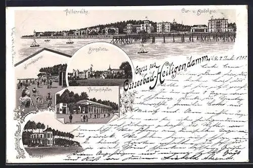 Lithographie Heiligendamm, Villenreihe, Kur- und Badehaus, Strandpartie, Burgplatz und Verkaufshalle mit Cottagen
