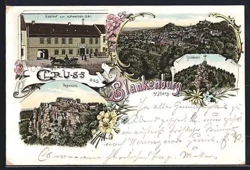 Lithographie Blankenburg a. H., Gasthof zum schwarzen Bär, Regenstein und Grossvater