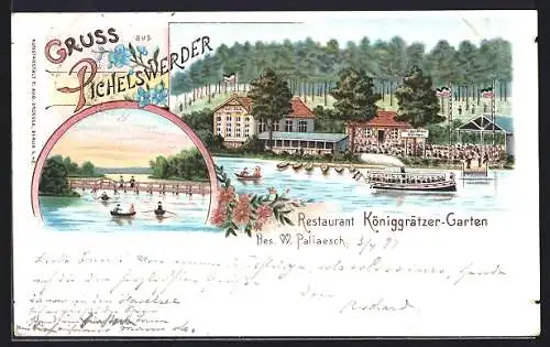 Lithographie Berlin-Pichelswerder, Restaurant Königgrätzer-Garten, Steg mit Booten