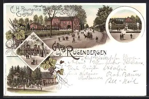 Lithographie Rugenbergen, Gasthof C. H. Reumann, Garten, Eingang