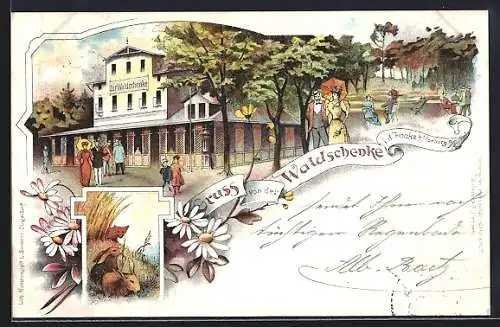 Lithographie Hamburg-Harburg, Szene in der Waldschenke m. Fuchs u. Hasen