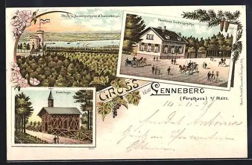 Lithographie Mainz-Lenneberg, Forsthaus Ludwigshöhe, Eremitage, Blick v. Aussichtsturm d. Lennebergs