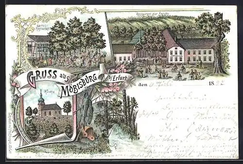 Lithographie Möbisburg, Gasthaus zur Forelle, Garten-Restaurant, Kirche