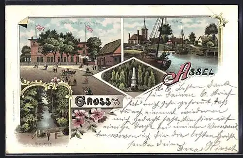 Lithographie Assel, Jahnekes Gasthof zur Post, Hafen, Fleetpartie