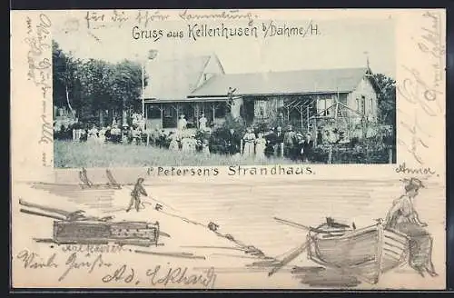 Künstler-AK Handgemalt: Kellenhusen b. Dahme, Gasthaus P. Petersens Strandhaus, Boot am Strand