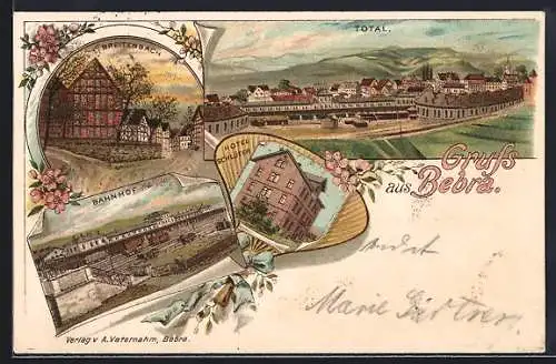 Lithographie Bebra, Hotel Schlüter, Breitenbach, Bahnhof, Totalansicht