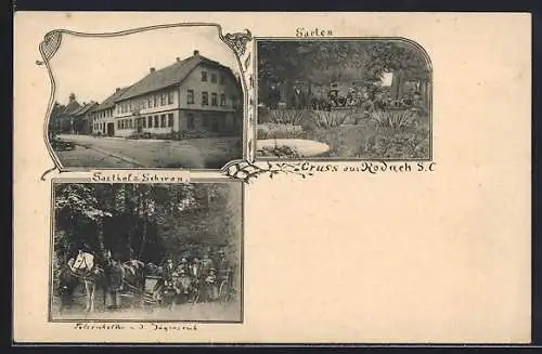 AK Rodach, Gasthof Schwan, Garten, Gruppenbild Jäger mit Pferdewagen