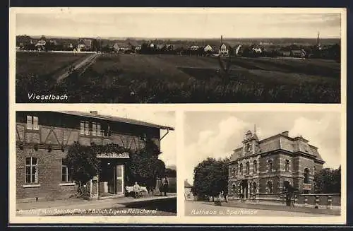 AK Vieselbach, Gasthof Am Bahnhof, Rathaus und Sparkasse, Ortspartie