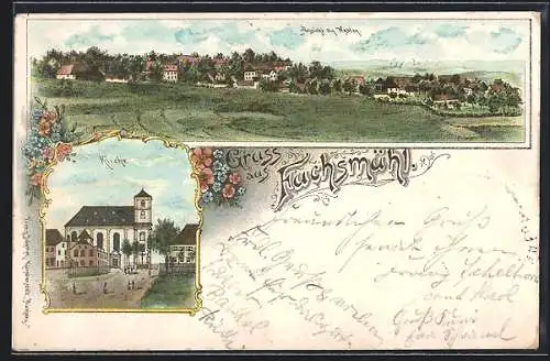 Lithographie Fuchsmühl, Kirche und Totalansicht