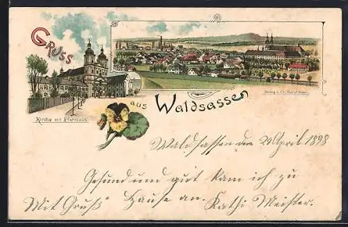 Lithographie Waldsassen, Kirche mit Pfarrhaus, Totalansicht