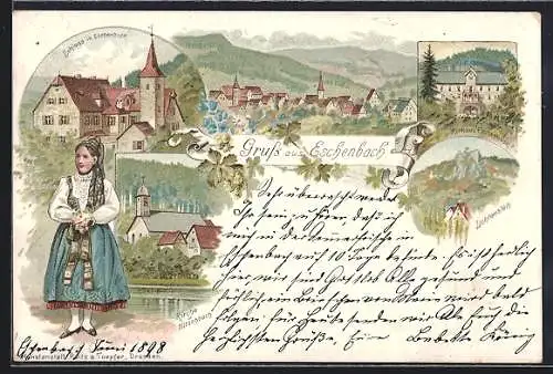 Lithographie Eschenbach / Pegnitz, Kurhaus, Lichtenstein und Schloss