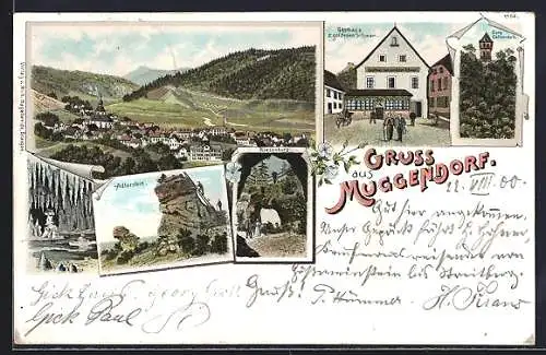 Lithographie Muggendorf, Gasthaus zum goldenen Schwan, Adlerstein, Riesenburg
