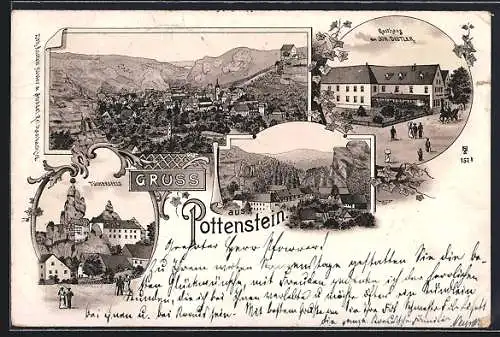 Lithographie Pottenstein, Generalansicht, GasthausDistler, Blick auf Tüchersfeld