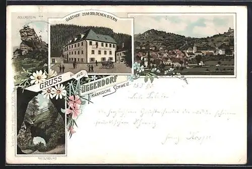 Lithographie Muggendorf /Fränkische Schweiz, Gasthof zum goldenen Stern, Adlerstein und Riesenburg