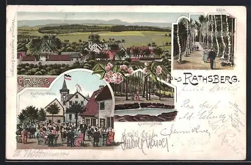 Lithographie Rathsberg, Totalansicht, Quellengebiet, Kurhaus Weiss