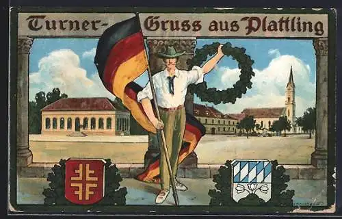 Künstler-AK Plattling, Turner mit Fahne, Lorbeerkranz und Wappen